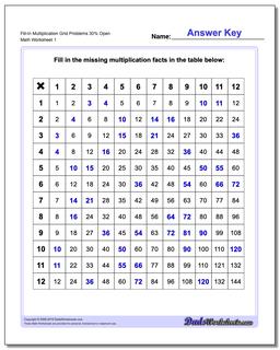 Multiplication Worksheet Fill-In Grid Problems 30% Open