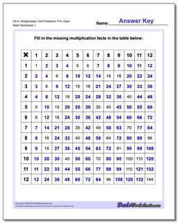 Multiplication Worksheet Fill-In Grid Problems 70% Open