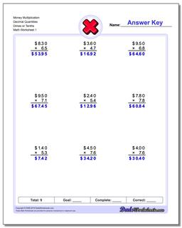 Multiplication Worksheet Money Decimal Quantities Dimes or Tenths