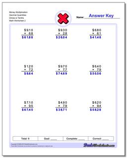 Money Multiplication Worksheet Decimal Quantities Dimes or Tenths /worksheets/multiplication.html