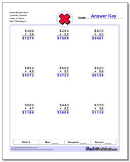 Money Multiplication Worksheet Decimal Quantities Dimes or Tenths