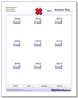 Money Multiplication Worksheet Dimes or Tenths