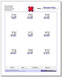Money Multiplication Worksheet Decimal Quantities Full Dollars and Cents /worksheets/multiplication.html