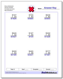 Money Multiplication Worksheet Decimal Quantities Full Dollars and Cents