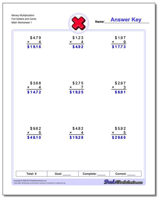 multiplication worksheets multiplication with money