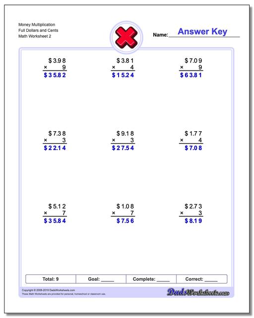 Multiplication Worksheets: Multiplication with Money