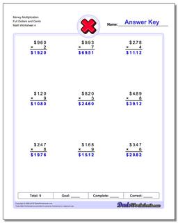 Money Multiplication Worksheet Full Dollars and Cents