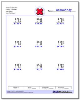 Multiplication Worksheet Money Decimal Quantities Half Dollars
