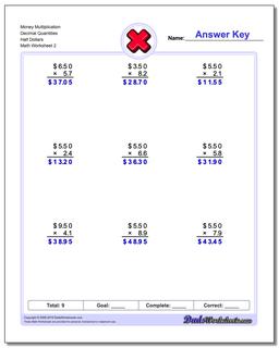 Money Multiplication Worksheet Decimal Quantities Half Dollars /worksheets/multiplication.html