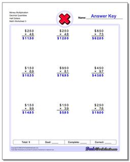 Money Multiplication Worksheet Decimal Quantities Half Dollars