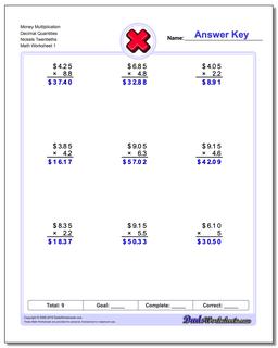 Multiplication Worksheet Money Decimal Quantities Nickels Twentieths