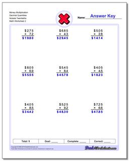 Money Multiplication Worksheet Decimal Quantities Nickels Twentieths /worksheets/multiplication.html