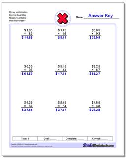 Money Multiplication Worksheet Decimal Quantities Nickels Twentieths