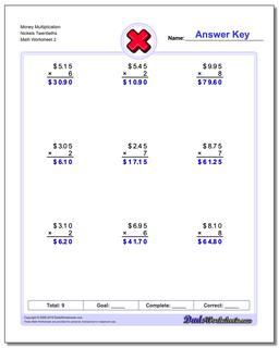 Money Multiplication Worksheet Nickels Twentieths /worksheets/multiplication.html