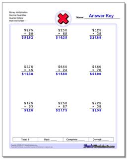 Multiplication Worksheet Money Decimal Quantities Quarter Dollars