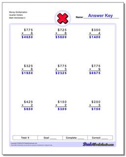 Money Multiplication Worksheet Quarter Dollars