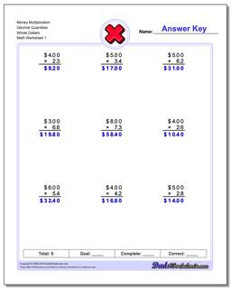Multiplication Worksheet Money Decimal Quantities Whole Dollars