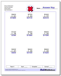 Money Multiplication Worksheet Decimal Quantities Whole Dollars