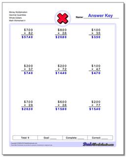 Money Multiplication Worksheet Decimal Quantities Whole Dollars