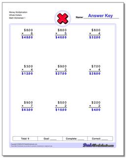 Multiplication Worksheet Money Whole Dollars