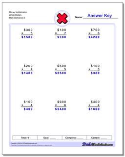 Money Multiplication Worksheet Whole Dollars