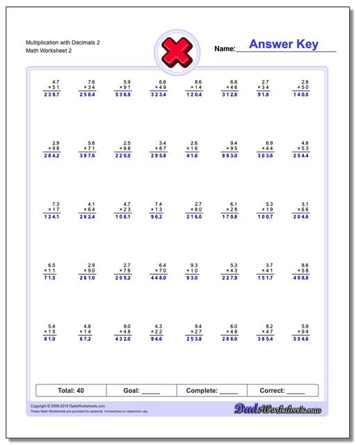 Multiplication Worksheets: Multiplication with Decimals