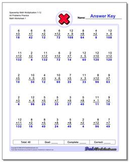 Multiplication Worksheet Spaceship Math 1-12 All Problems Practice