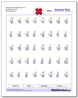 Multiplication Worksheet Spaceship Math 10-12 All Problems Practice