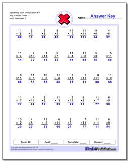 Multiplication Worksheet Spaceship Math x11 Any Number Times 11