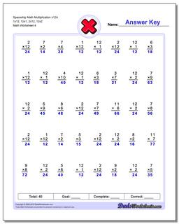 Spaceship Math Multiplication Worksheet x12A 1x12, 12x1, 2x12, 12x2