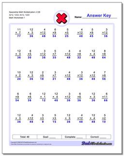 Multiplication Worksheet Spaceship Math x12B 3x12, 12x3, 4x12, 12x4