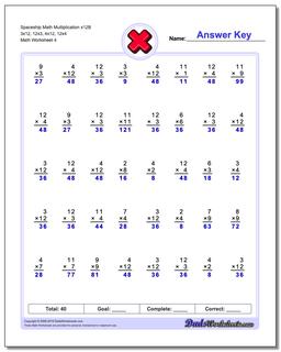 Spaceship Math Multiplication Worksheet x12B 3x12, 12x3, 4x12, 12x4