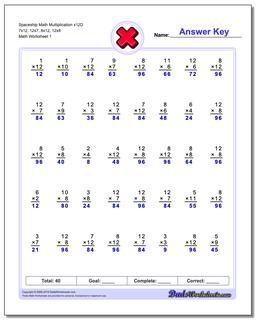 Multiplication Worksheet Spaceship Math x12D 7x12, 12x7, 8x12, 12x8