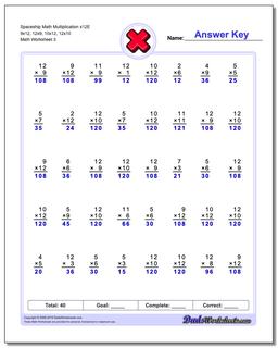 Spaceship Math Multiplication Worksheet x12E 9x12, 12x9, 10x12, 12x10