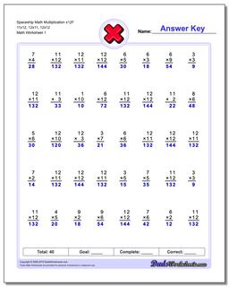 Multiplication Worksheet Spaceship Math x12F 11x12, 12x11, 12x12