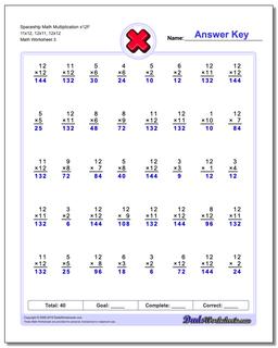 Spaceship Math Multiplication Worksheet x12F 11x12, 12x11, 12x12