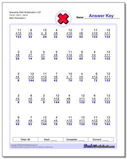 Spaceship Math Multiplication Worksheet x12F 11x12, 12x11, 12x12
