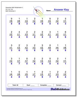 Spaceship Math Multiplication Worksheet C 2x2, 2x3, 3x2