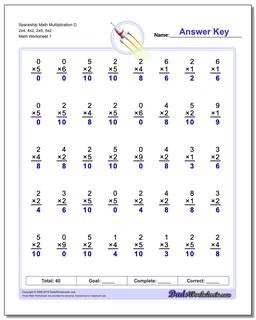 Multiplication Worksheet Spaceship Math D 2x4, 4x2, 2x5, 5x2