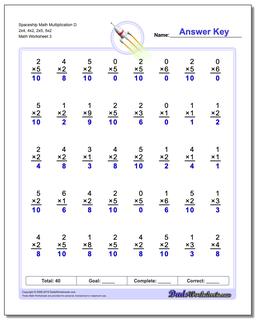 Spaceship Math Multiplication Worksheet D 2x4, 4x2, 2x5, 5x2