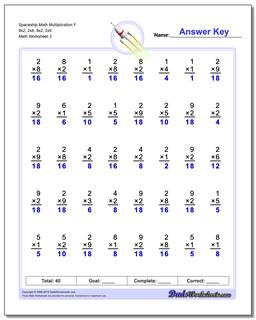 Spaceship Math Multiplication Worksheet F 8x2, 2x8, 9x2, 2x9