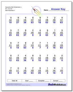 Spaceship Math Multiplication Worksheet J 9x7, 7x9, 5x5