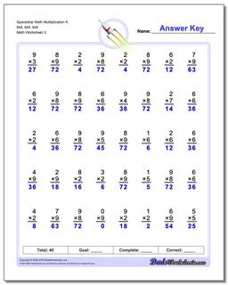 Spaceship Math Multiplication Worksheet K 9x8, 8x9, 6x6