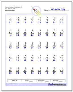 Spaceship Math Multiplication Worksheet O 3x7, 7x3, 3x8, 8x3 /worksheets/multiplication.html