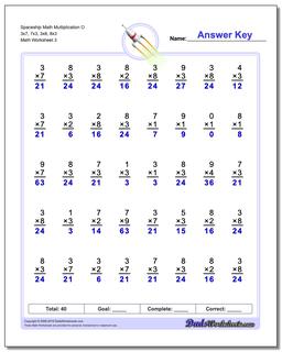 Spaceship Math Multiplication Worksheet O 3x7, 7x3, 3x8, 8x3