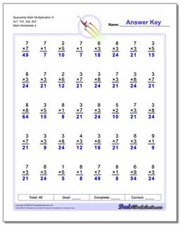 Spaceship Math Multiplication Worksheet O 3x7, 7x3, 3x8, 8x3