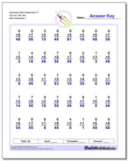 Spaceship Math Multiplication Worksheet P 7x8, 8x7, 6x8, 8x6