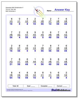 Spaceship Math Multiplication Worksheet P 7x8, 8x7, 6x8, 8x6