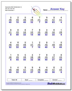 Multiplication Worksheet Spaceship Math Q 5x8, 8x5, 4x8, 8x4
