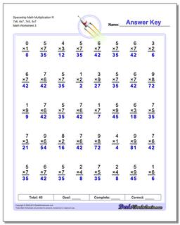 Spaceship Math Multiplication Worksheet R 7x6, 6x7, 7x5, 5x7